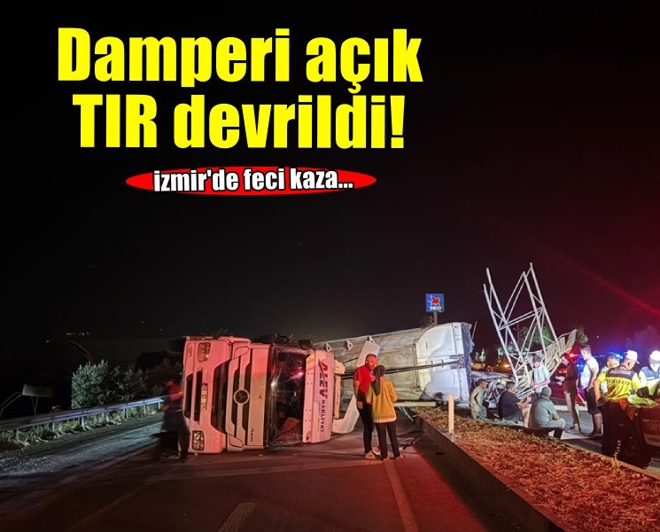 Damperi açık unutulan TIR, yön tabelasına çarparak devrildi
