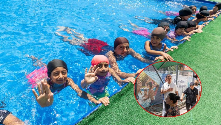 İlk kez havuzla tanışan çocukların sevincine Başkan Tugay ortak oldu