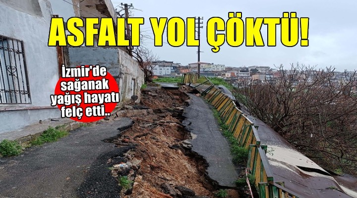 Asfalt yol, sağanak sonrası çöktü