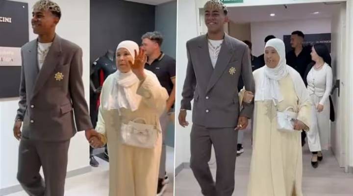 Yamal, Barcelona’dan 10 numaralı formayı alacağı törene babaannesiyle birlikte geldi